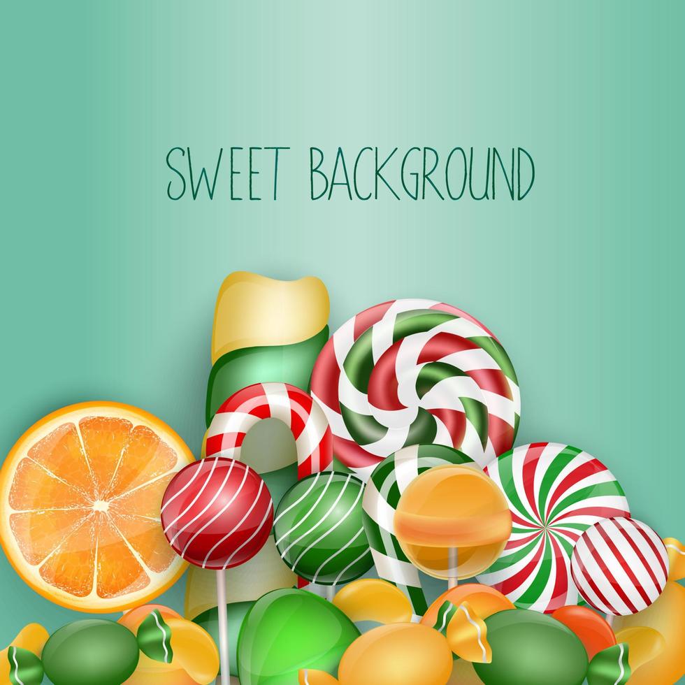 Sweet background with lollipop, ice cream, orange and candies vector