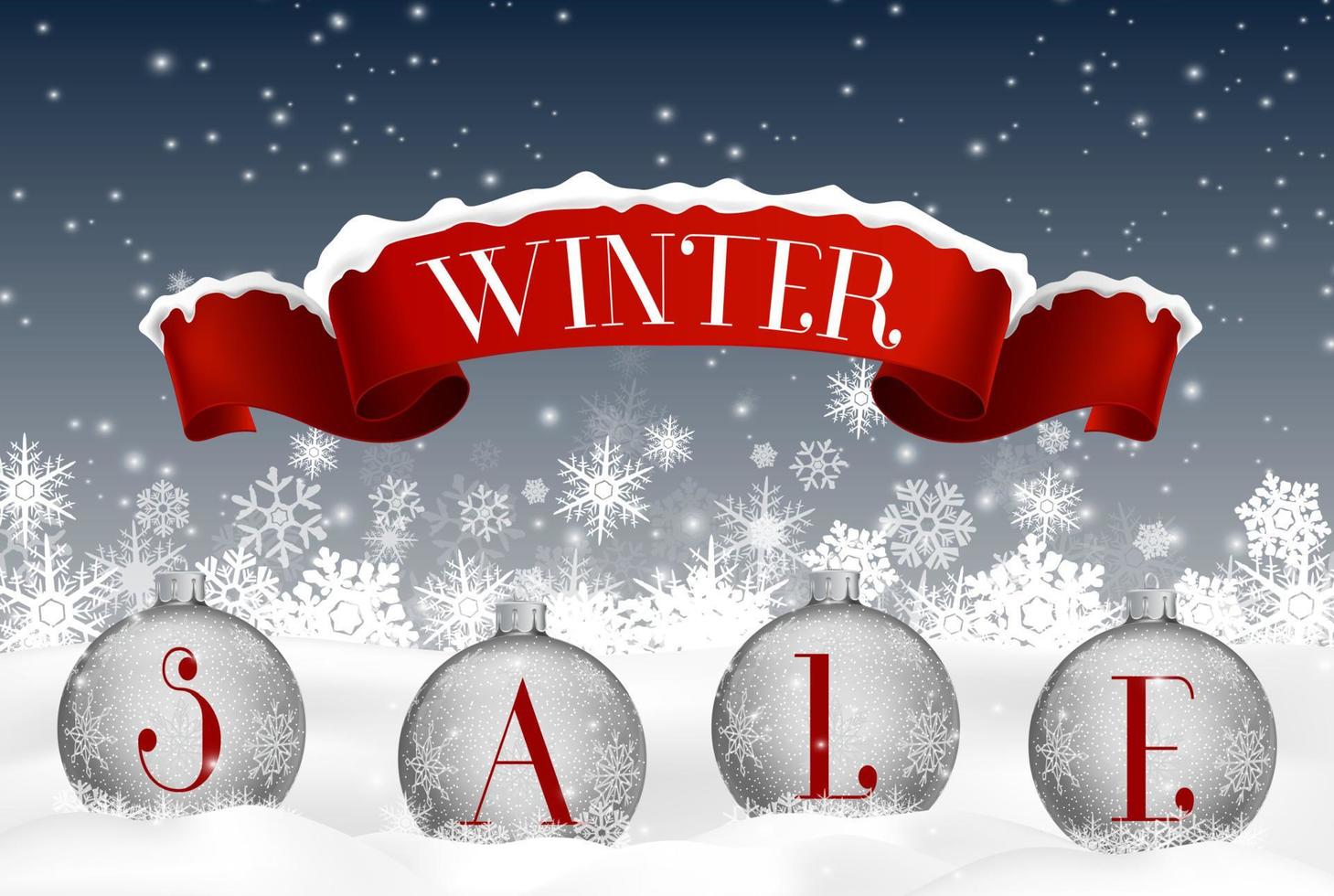 Winter sale background with red realistic ribbon banner and balls.vector vector