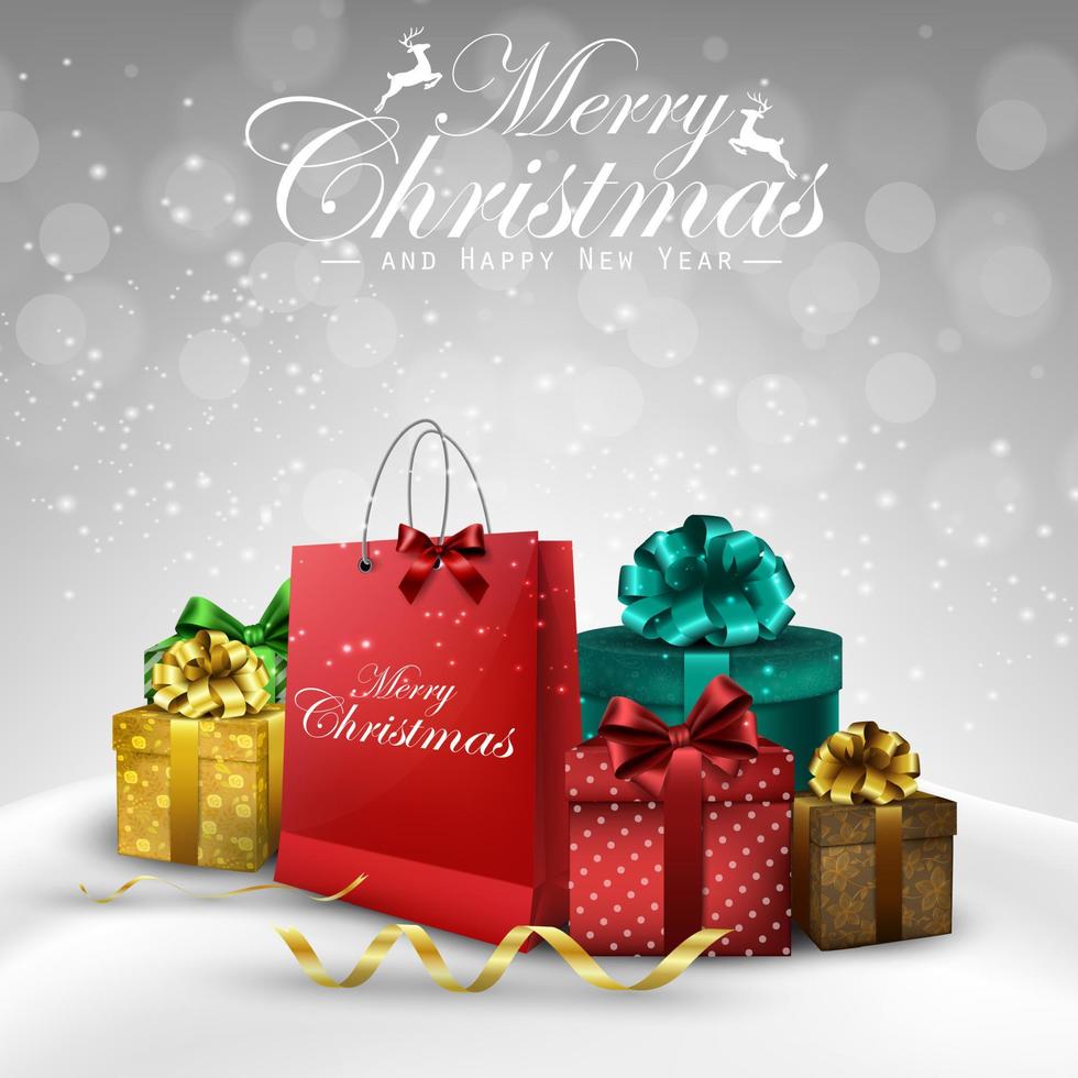 Bolsa de adornos navideños y fondo de cajas de regalo. vector