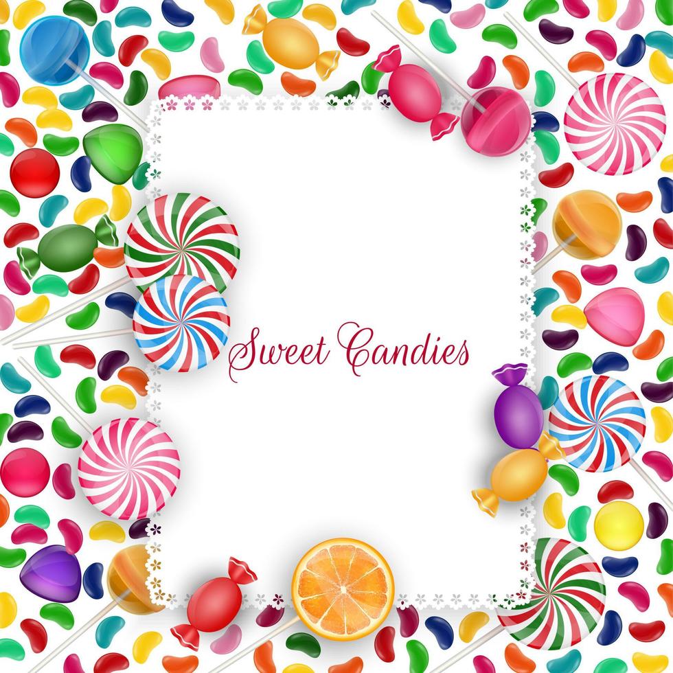 Colorful candy background with jelly beans, lolipop and orange slice vector