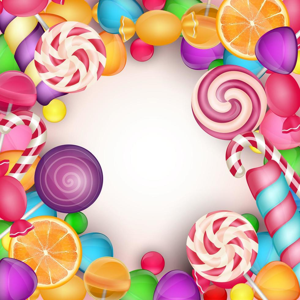 Colorful candy background with jelly beans, lollipop and orange slice