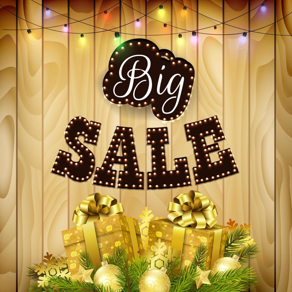 Retro design poster for big sale with gift boxes, balls, and pine tree on wood background.vector vector