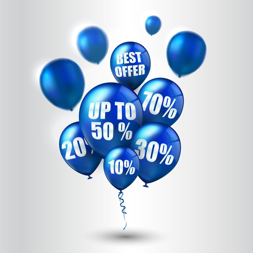 Blue balloons and discounts on white background vector