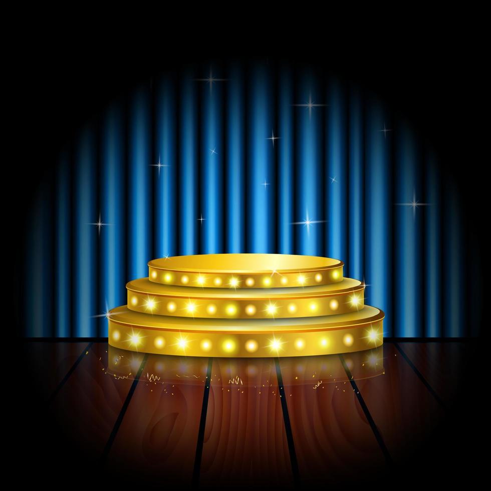 foco dorado de escenario vacío con fondo de cortina azul vector