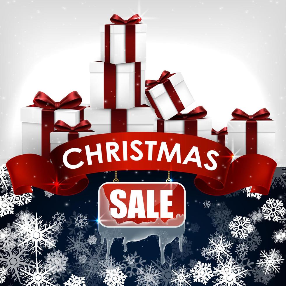 Christmas sale background with red realistic ribbon banner and gift boxes.Vector vector
