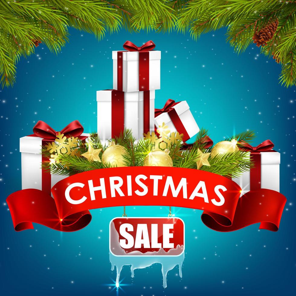 Christmas sale background with gift boxes, golden balls, pine tree and realistic ribbon.vector vector