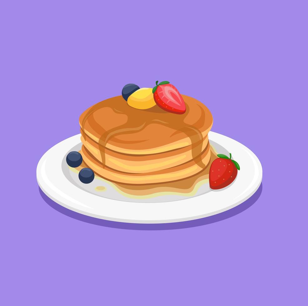 Pancake with butter and fruit topping  on dish. dessert menu symbol cartoon illustration vector