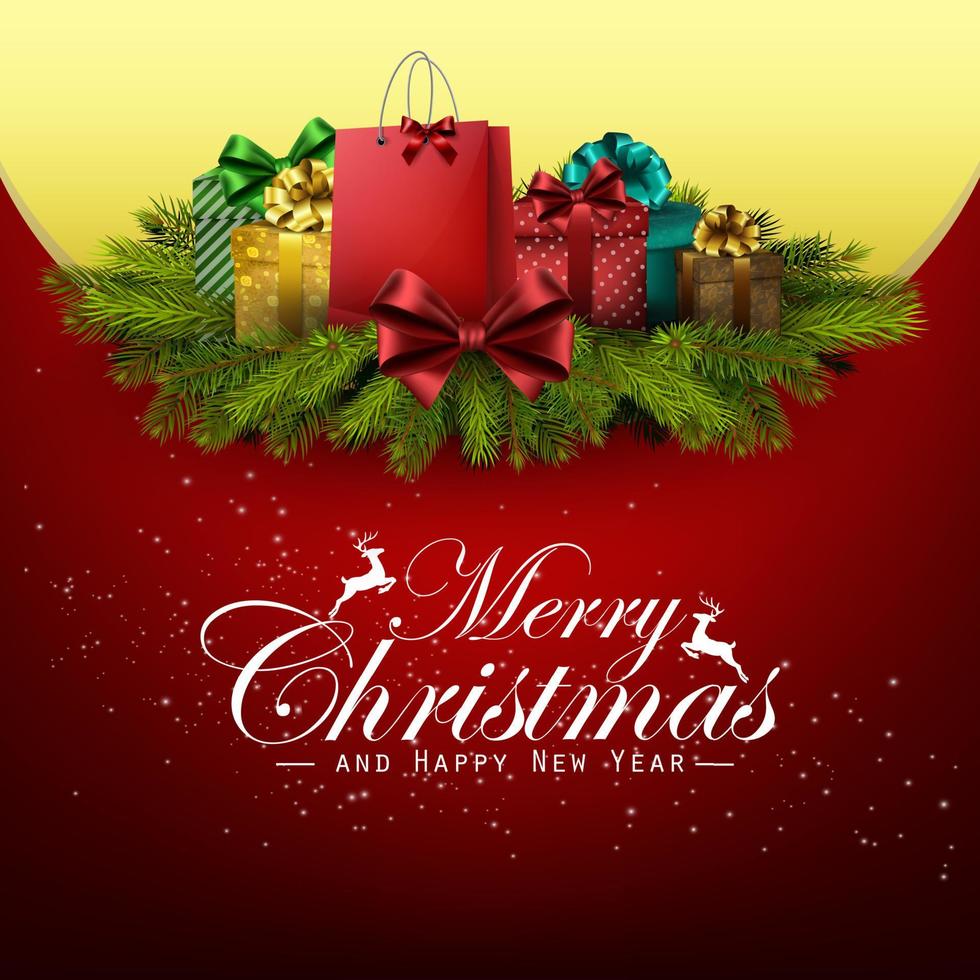 Christmas background with gift boxes and pine tree vector