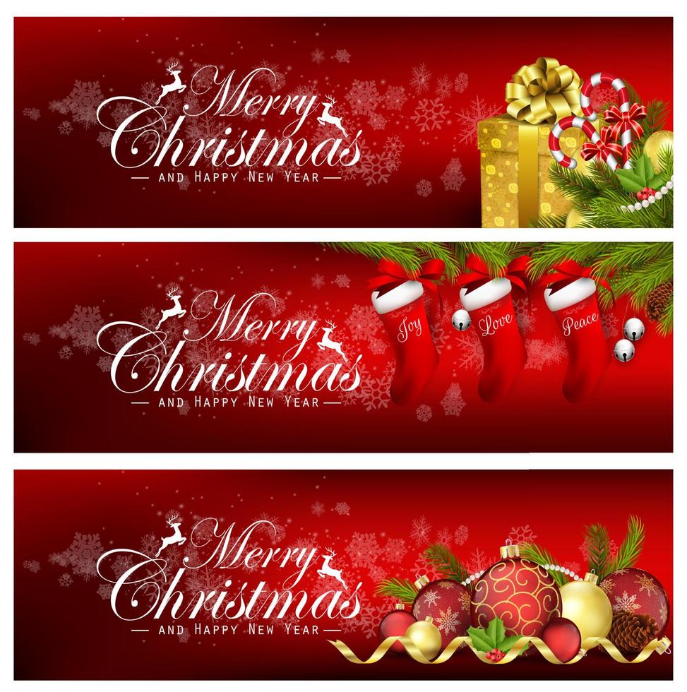 conjunto de pancartas navideñas con cajas de regalo, campanas y bolas vector