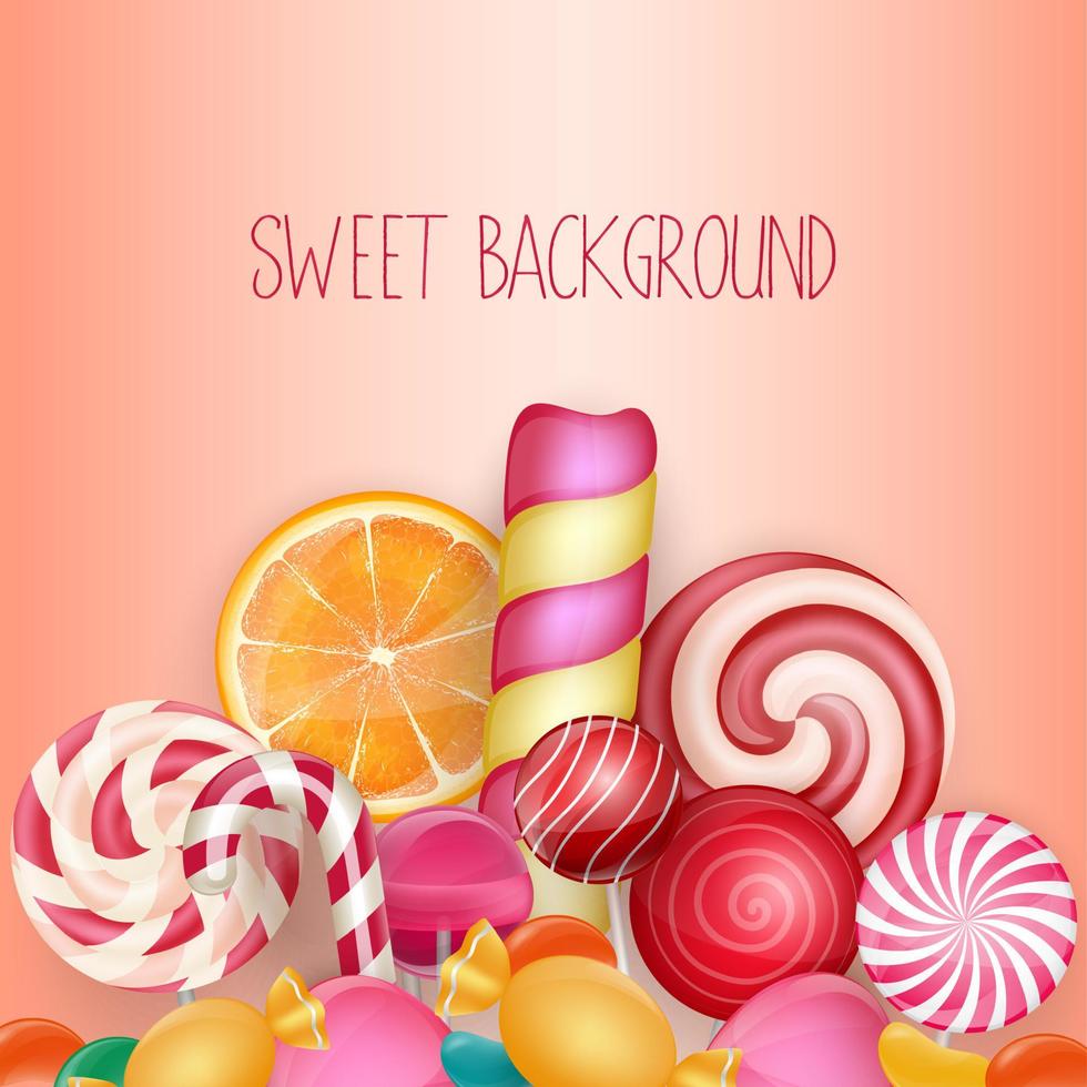 Sweet background with lollipop, ice cream, orange and candies vector