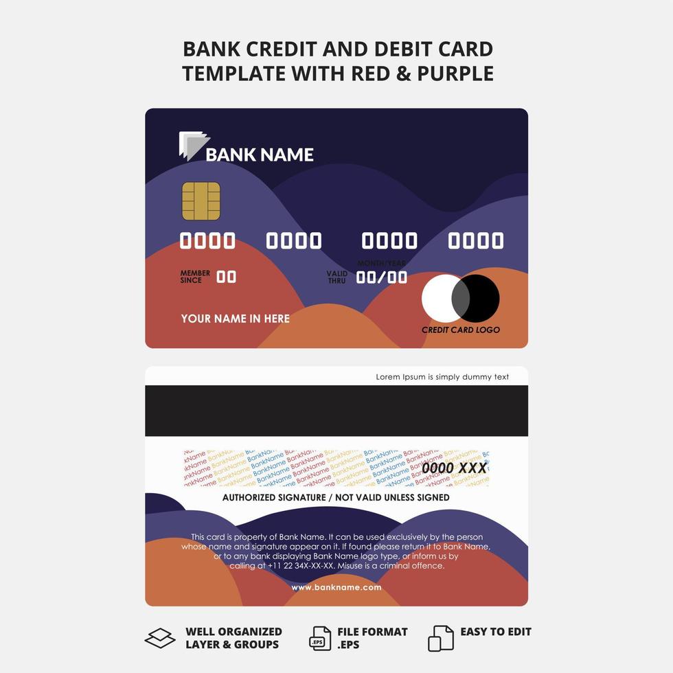 Bank credit and debit card template with red, purple vector