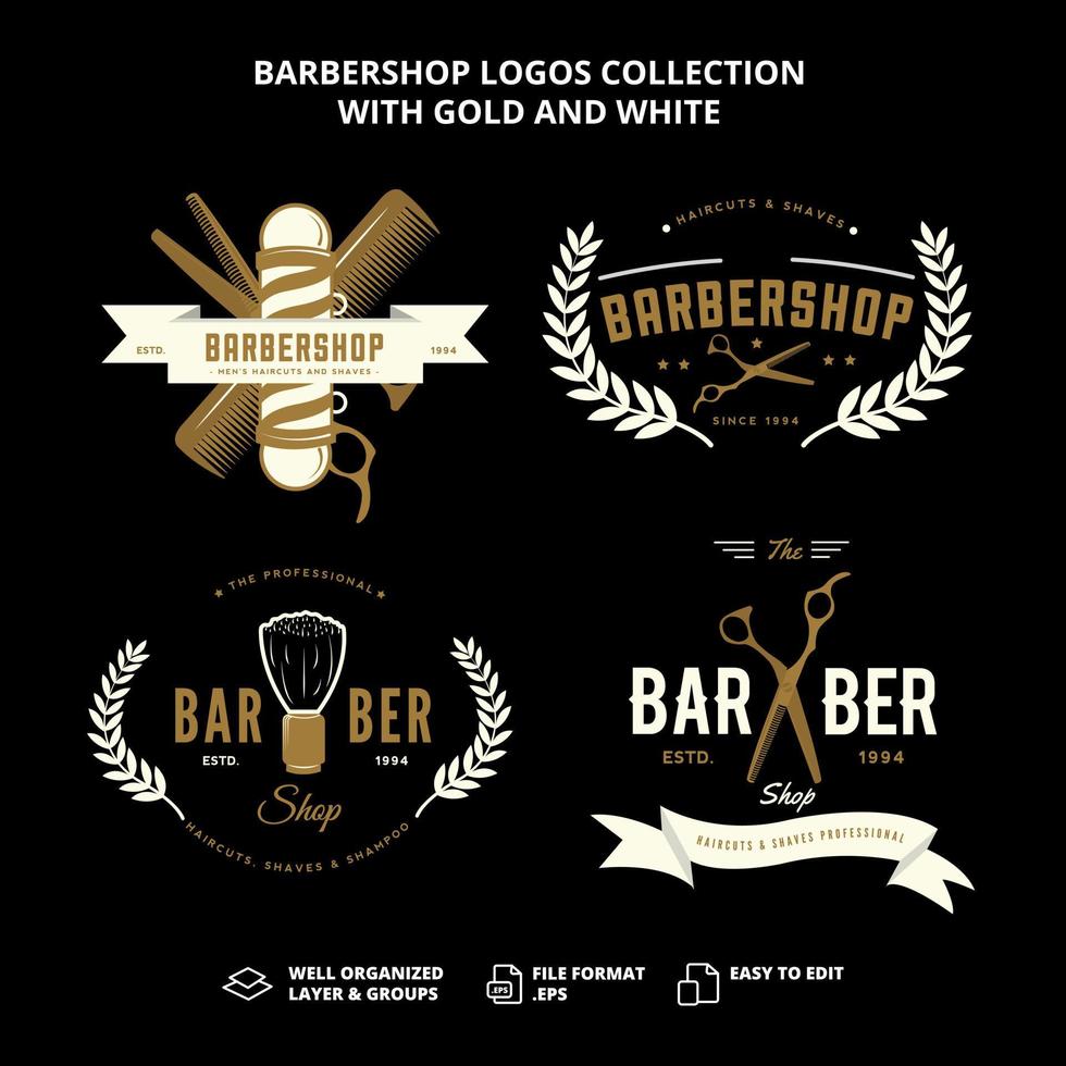 Barbershop logos collection with gold and white vector