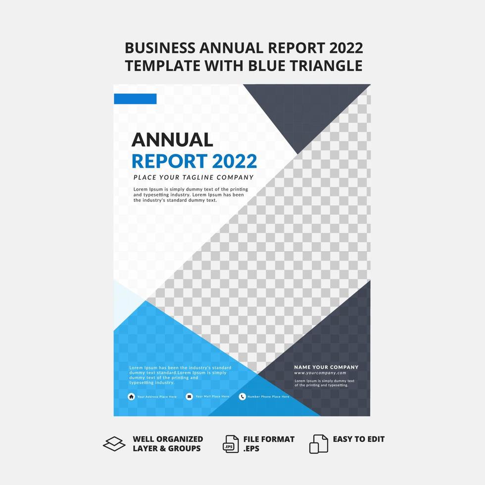 Business annual report 2022 template with blue triangle vector