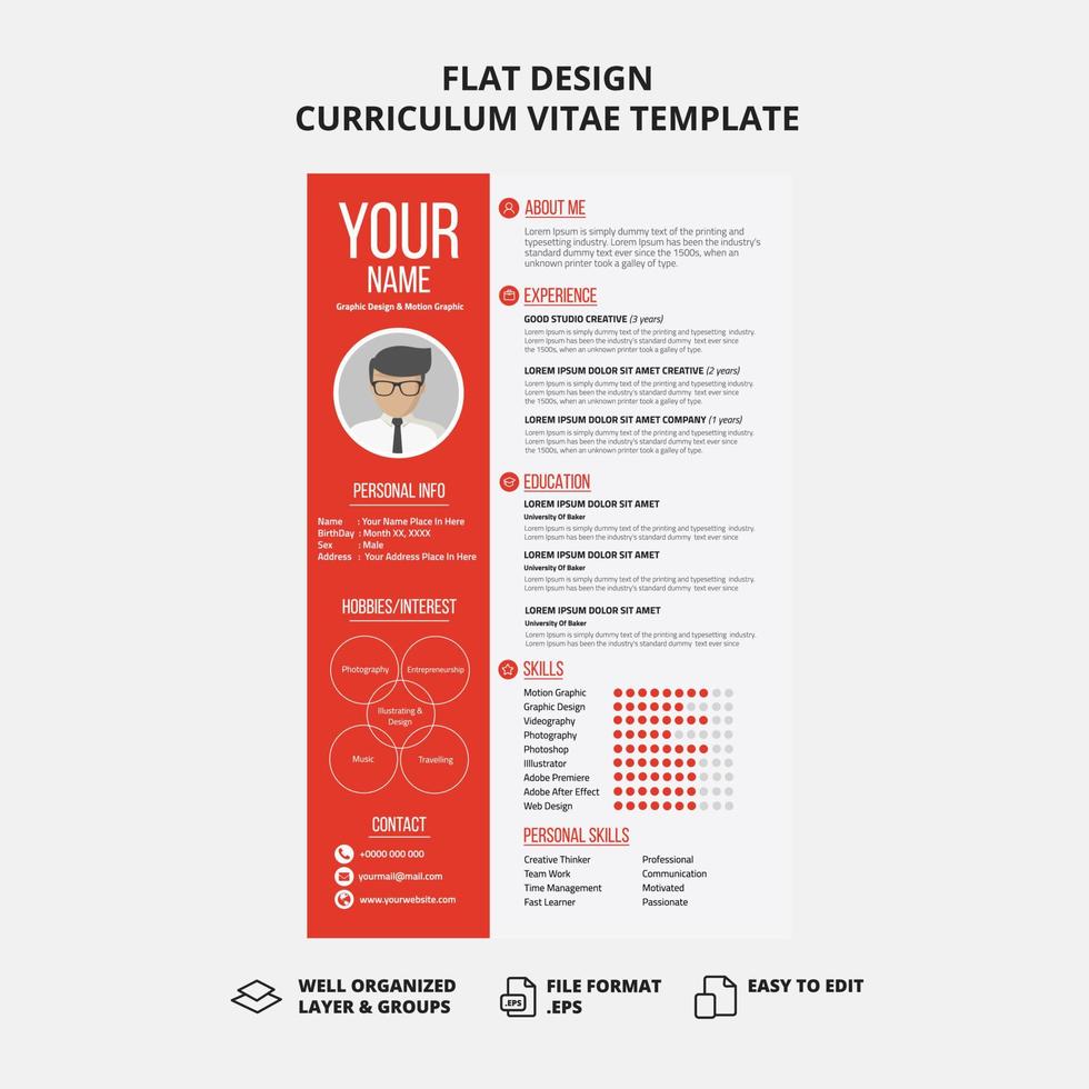 plantilla de curriculum vitae de diseño plano vector