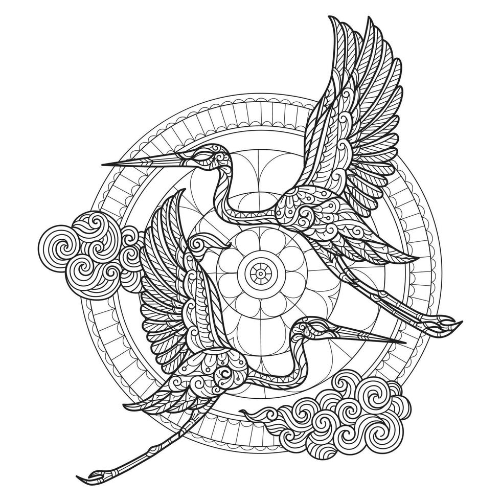 Crane and the moon hand drawn for adult coloring book vector