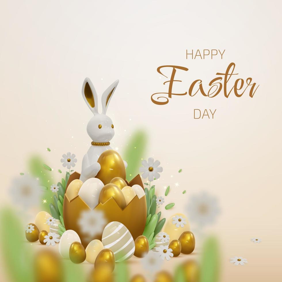 3d realistic bunny with gold easter egg elements with flower and leaf decorations. vector
