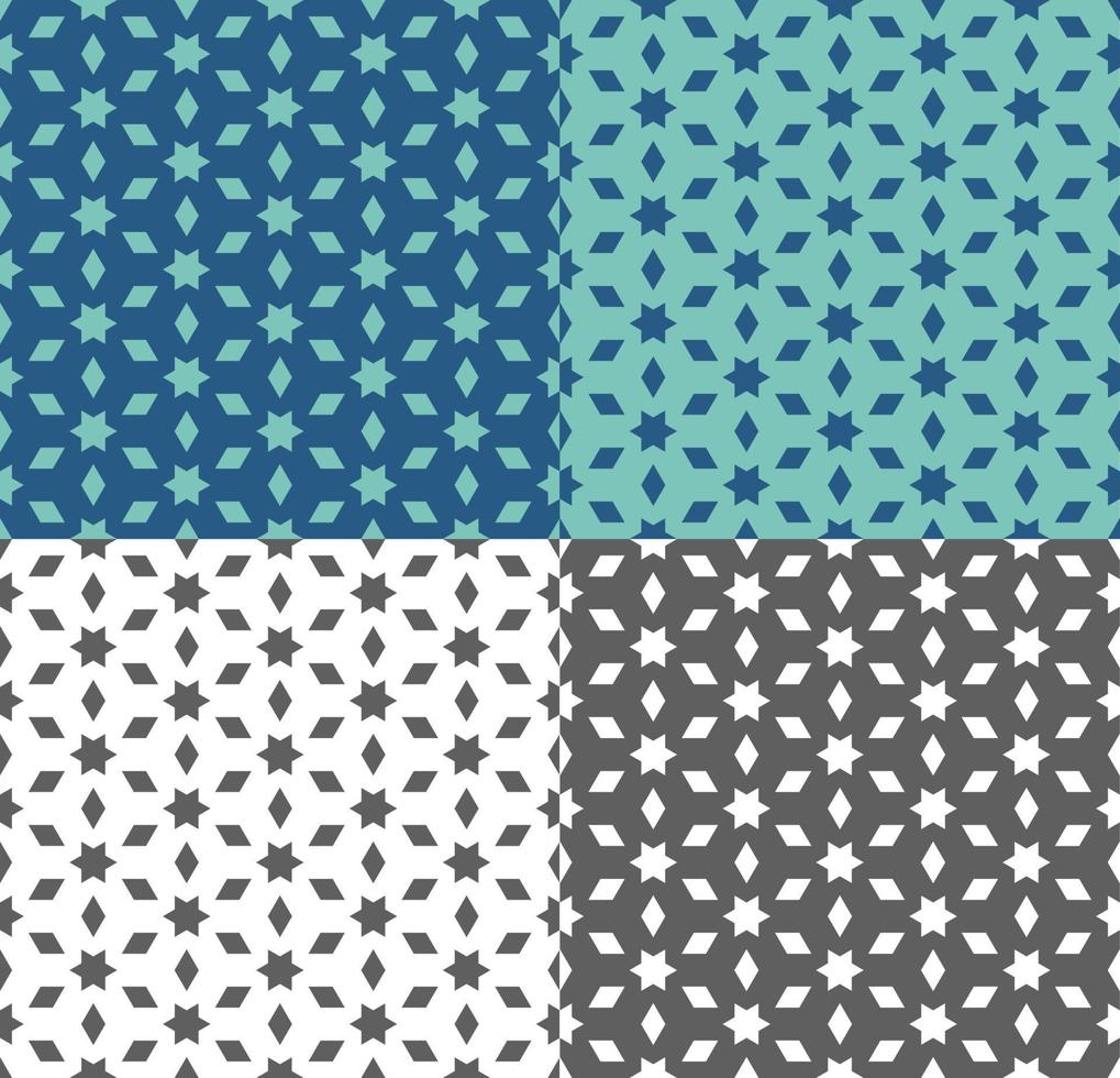 Seamless geometric pattern in ethnic style. Repeating texture with star and polygon for wallpaper, packaging, fabric print, backdrop, textile. Vector monochrome, blue and turquoise background