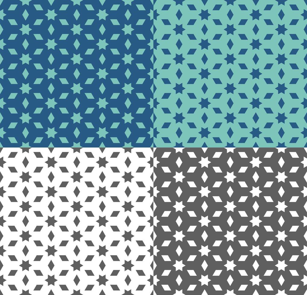 Seamless geometric pattern in ethnic style. Repeating texture with star and polygon for wallpaper, packaging, fabric print, backdrop, textile. Vector monochrome, blue and turquoise background