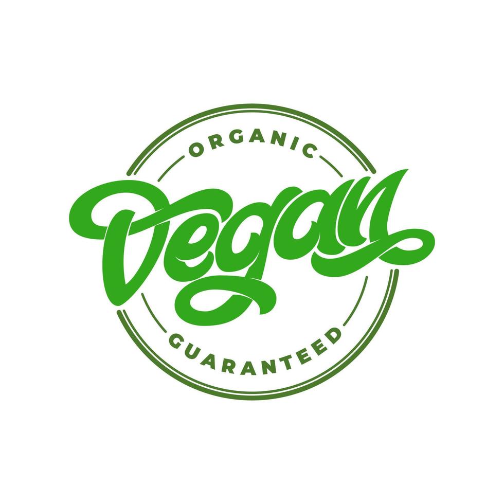 ORGANIC VEGAN GUARANTEED label on transparent, painted logo emblem for food packaging, circle stamp vector illustration. Handwritten lettering for restaurant, cafe menu. Vector illustration.