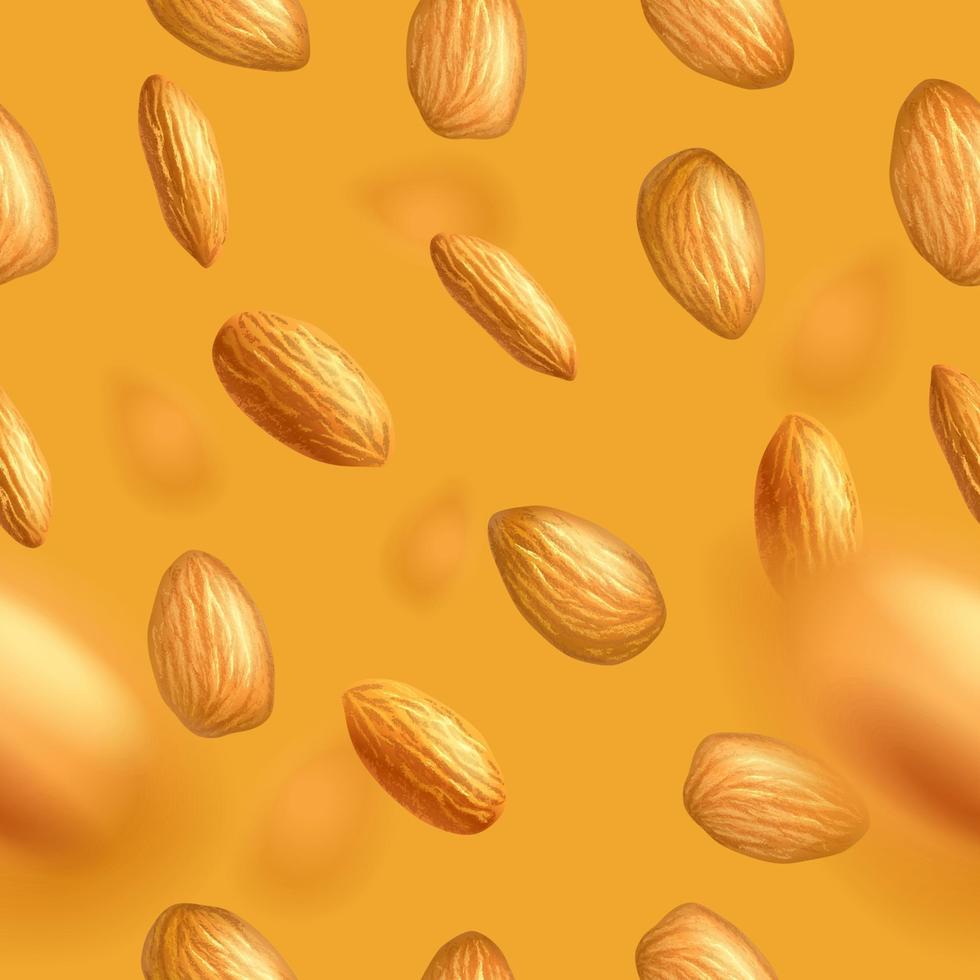 Seamless pattern with flying almonds. Realistic vector illustration. Template for print and packaging design, website, postcard, textile, clothing. Photorealistic vector background.