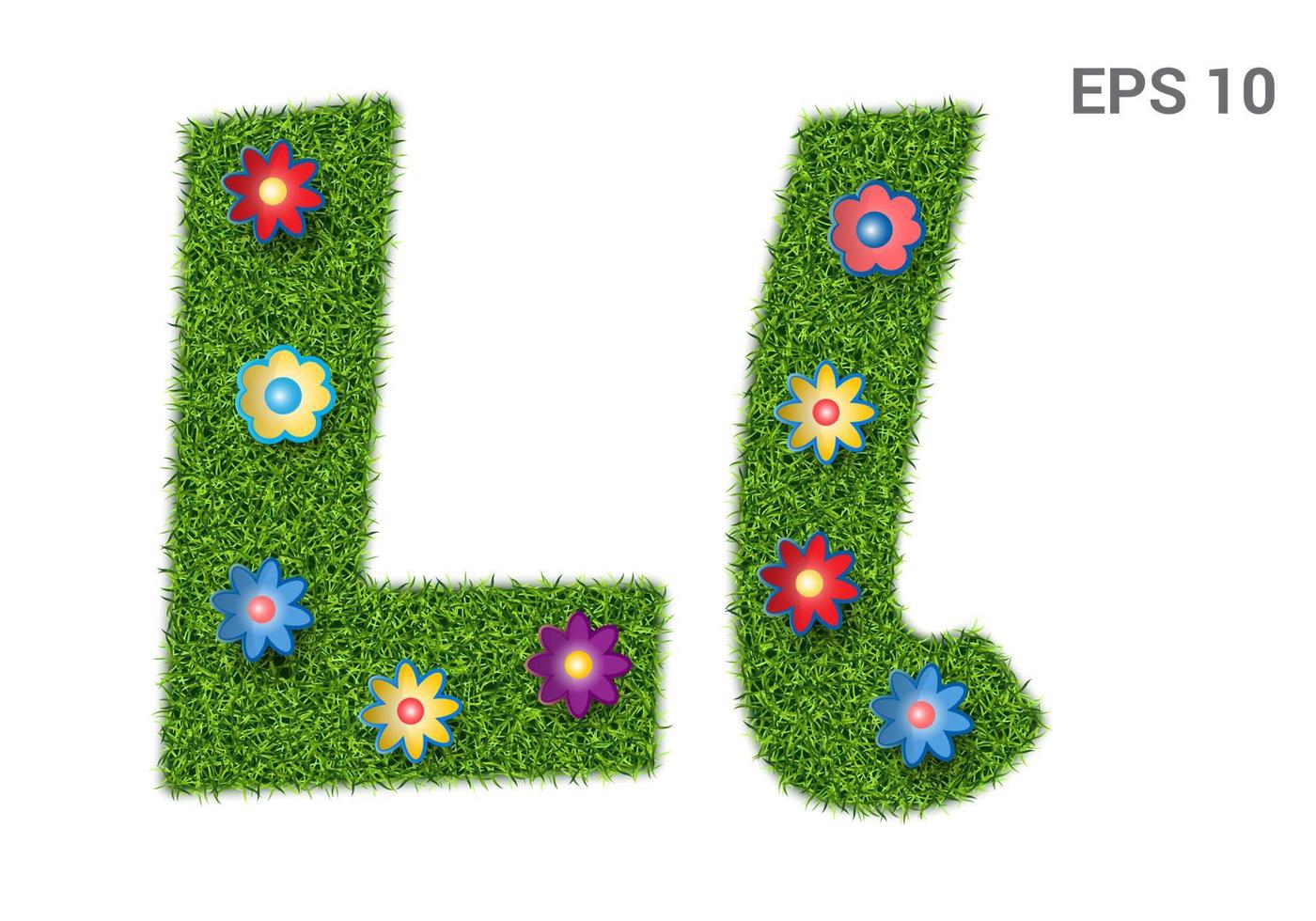 ll - letras mayúsculas y mayúsculas del alfabeto con textura de hierba. césped moruno con flores. aislado sobre fondo blanco. ilustración vectorial vector