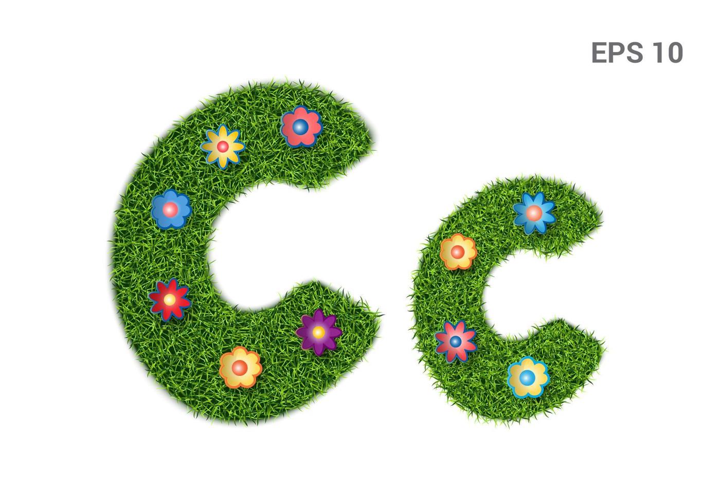 Cc - capital and capital letters of the alphabet with a texture of grass. Moorish lawn with flowers. Isolated on white background. Vector illustration