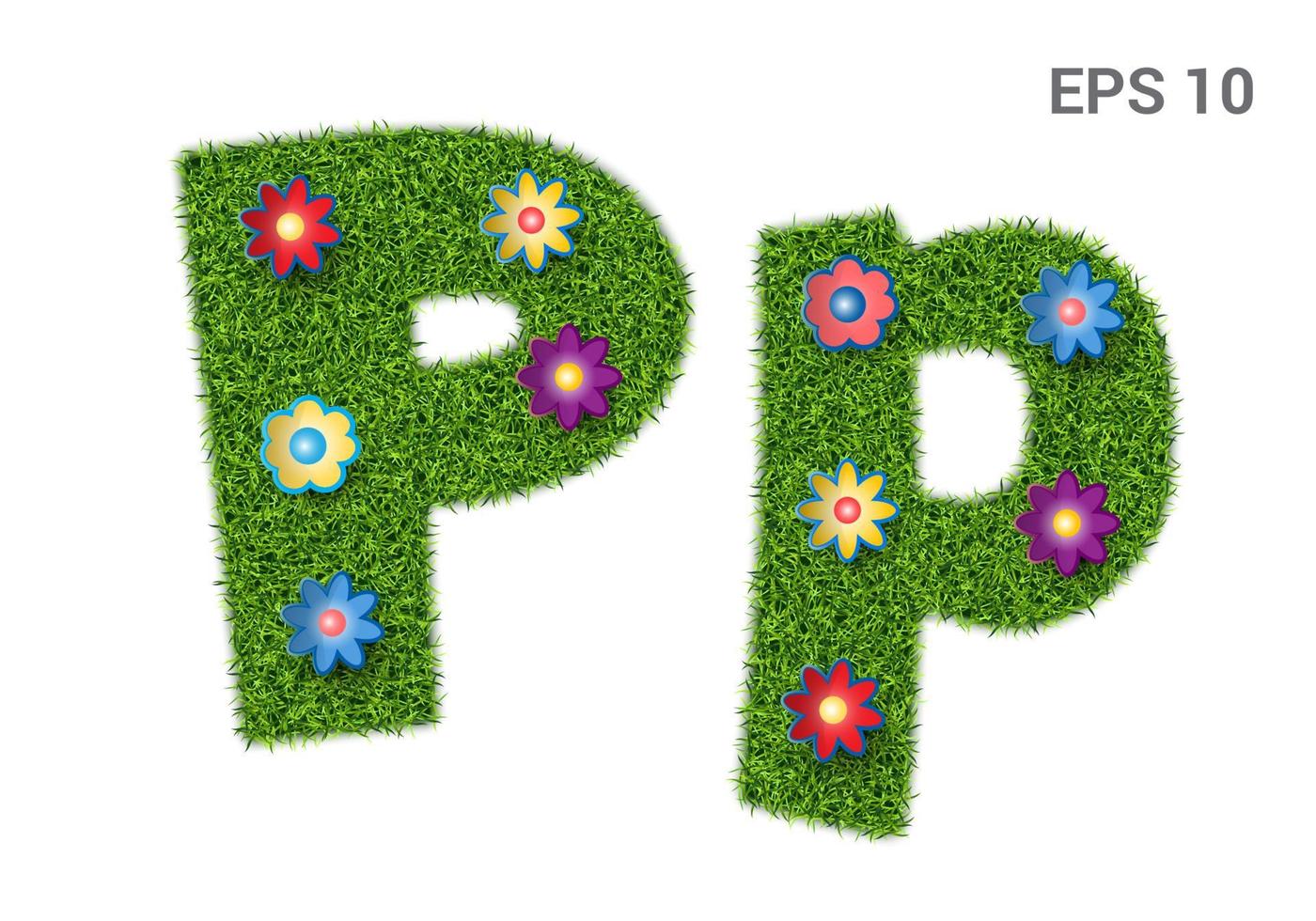 Pp - capital and capital letters of the alphabet with a texture of grass. Moorish lawn with flowers. Isolated on white background. Vector illustration