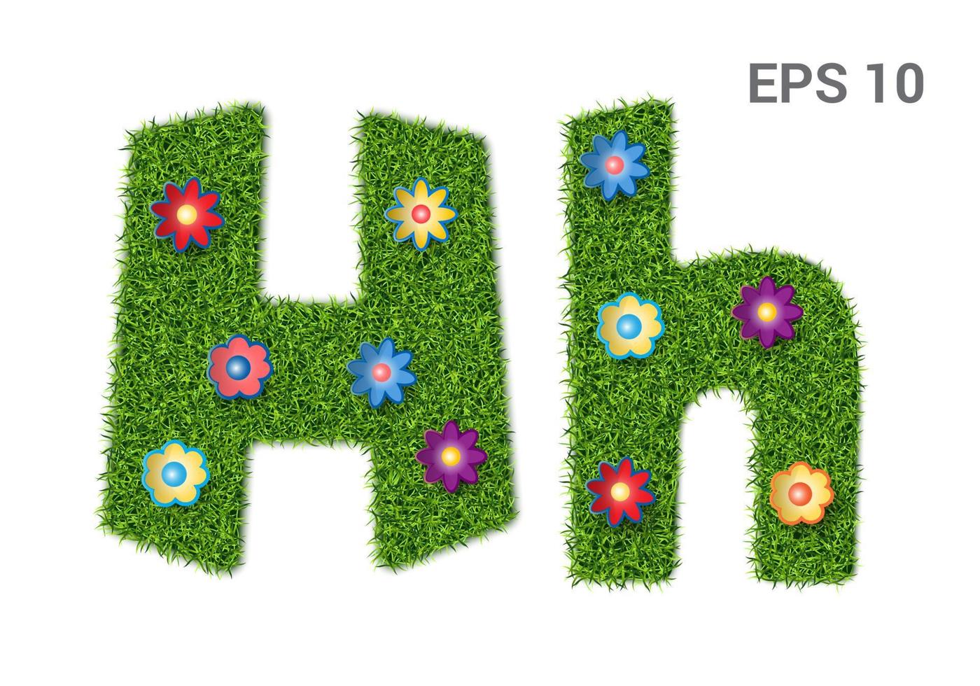 Hh - capital and capital letters of the alphabet with a texture of grass. Moorish lawn with flowers. Isolated on white background. Vector illustration