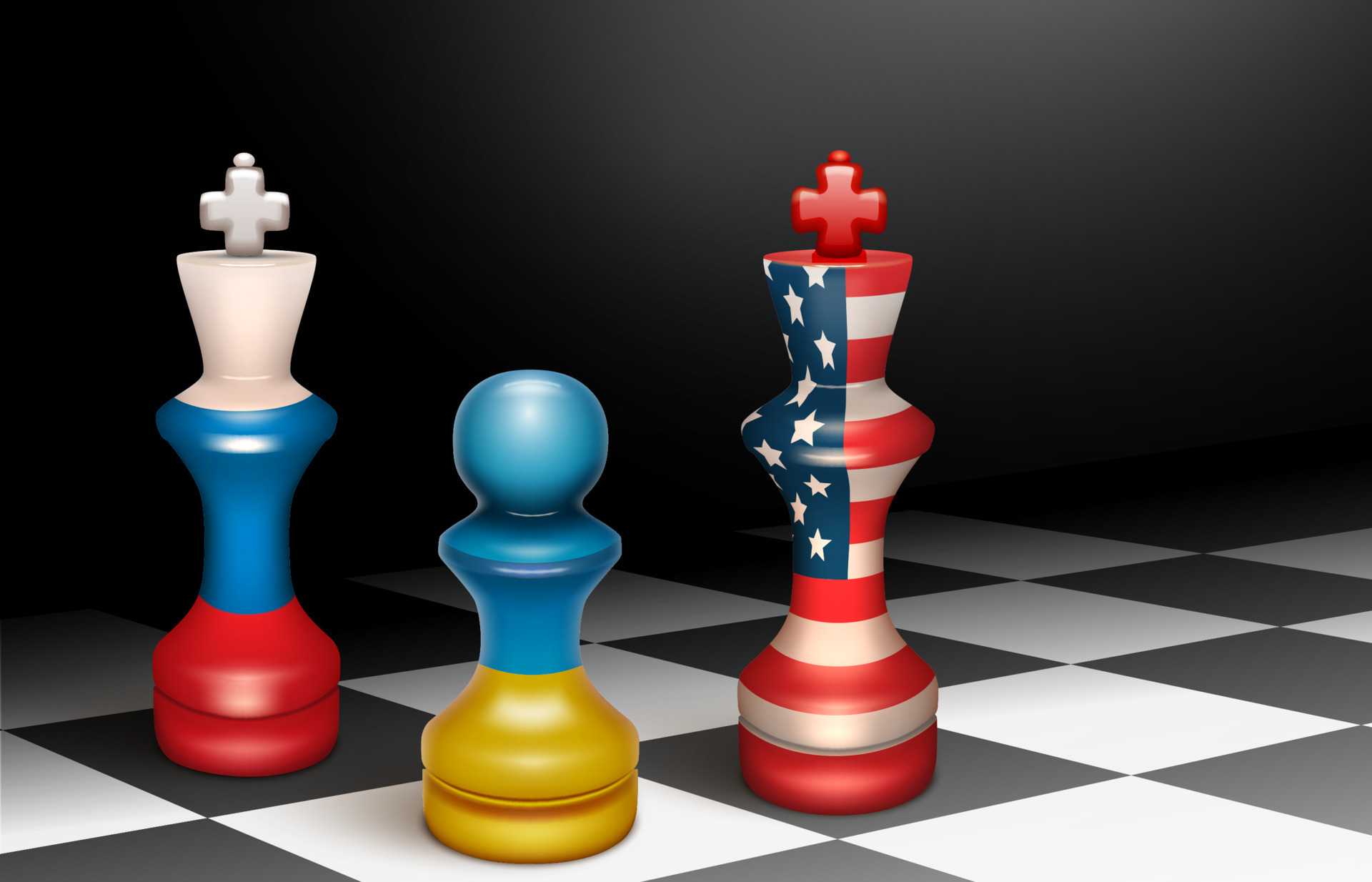 Pawn with the flag of Ukraine and kings with the flags of Russia and the USA. The pieces are on the chessboard. The concept of political confrontation, crisis and war. 6061144 Vector