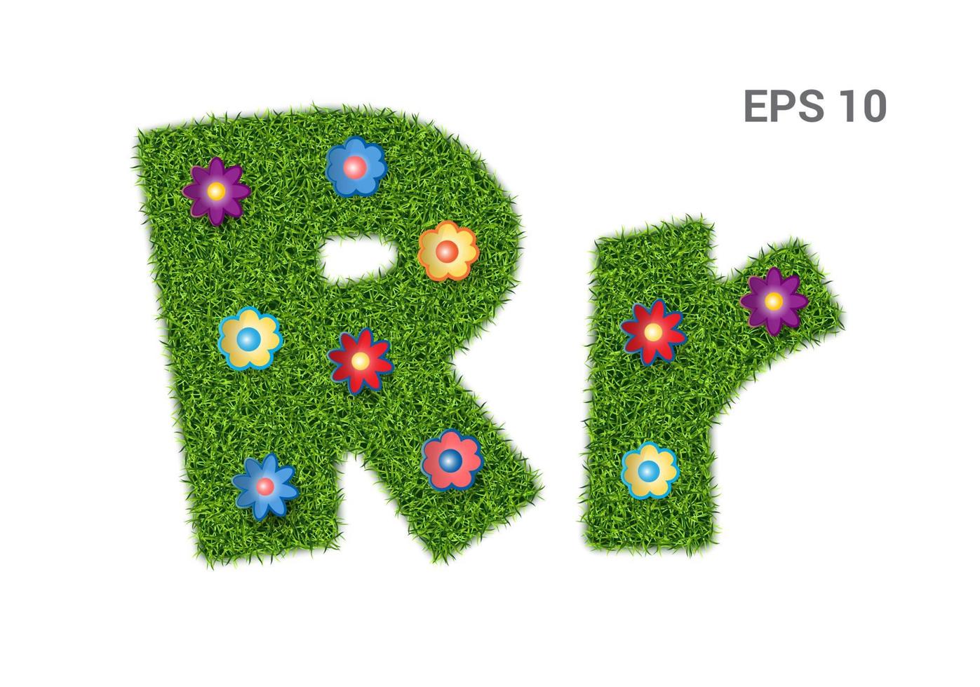 Rr - letters of the alphabet with grass texture. Moorish lawn with flowers. Symbol of summer, ecology. Isolated on white background. Vector illustration