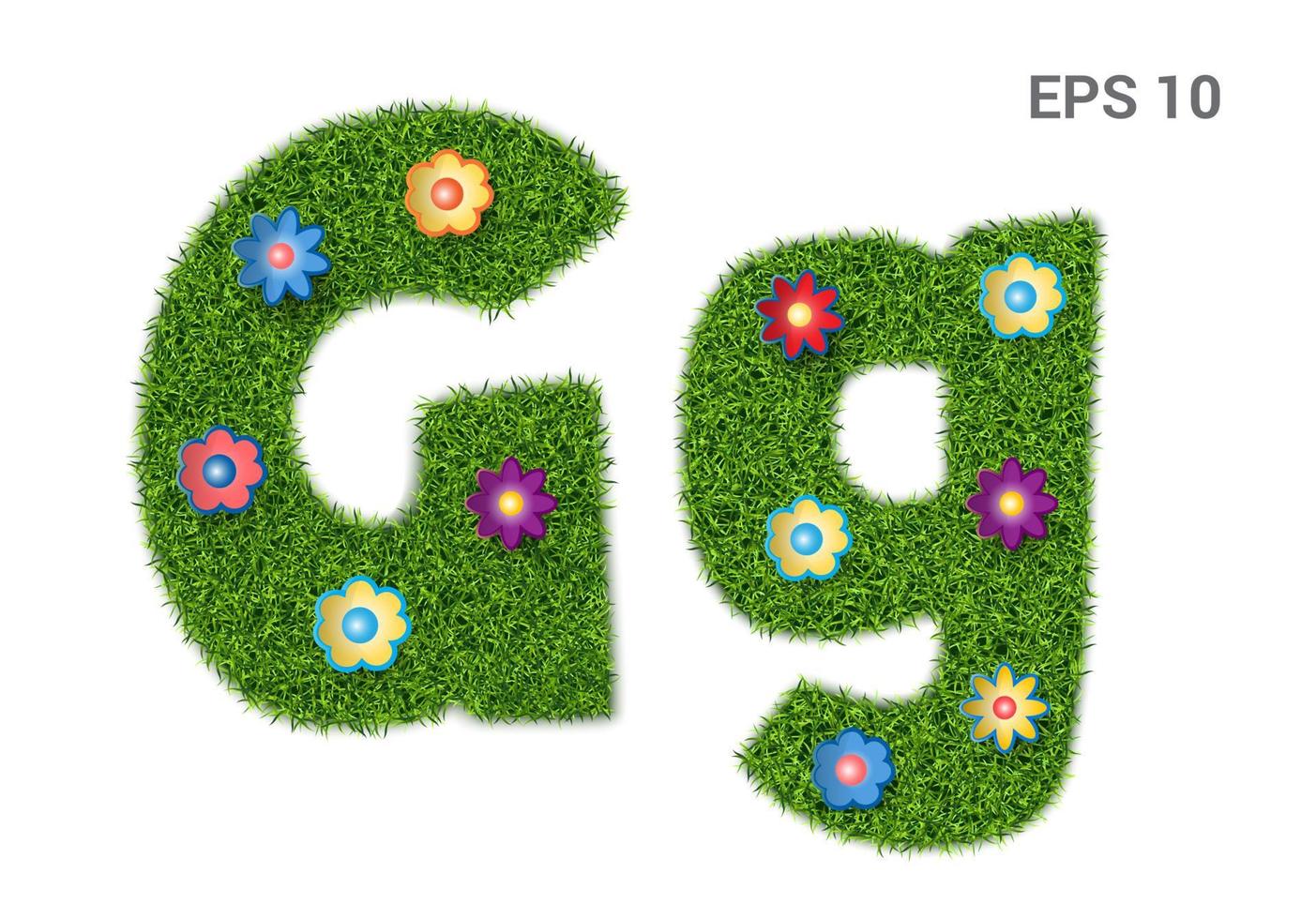 Gg - letters of the alphabet with grass texture. Moorish lawn with flowers. Symbol of summer, ecology. Isolated on white background. Vector illustration