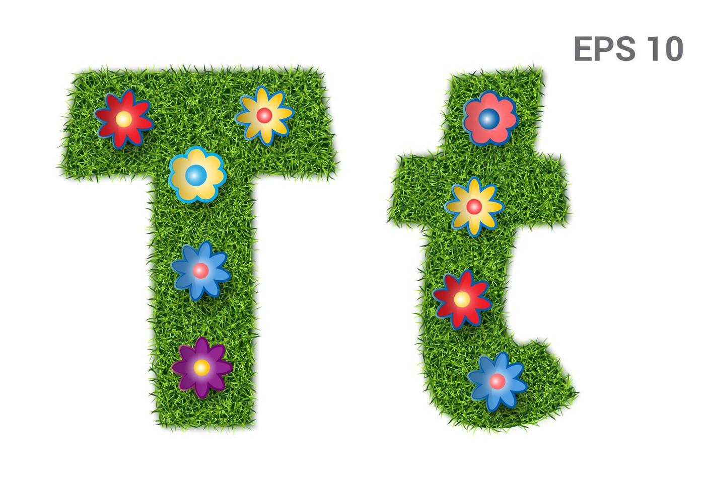 Tt - capital and capital letters of the alphabet with a texture of grass. Moorish lawn with flowers. Isolated on white background. Vector illustration
