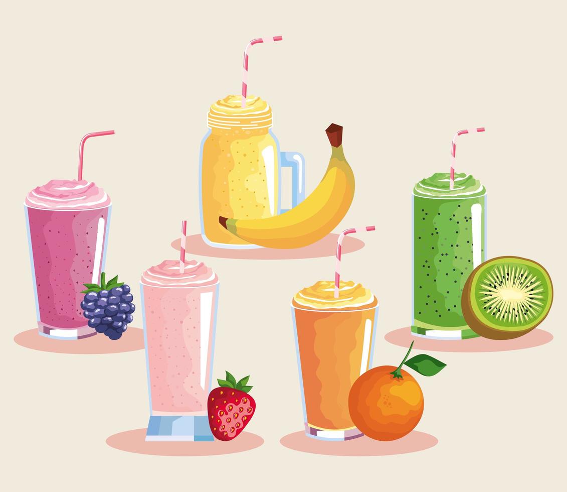 five organic smoothies icons vector