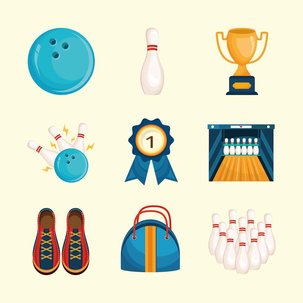 nueve iconos de deporte de bolos vector