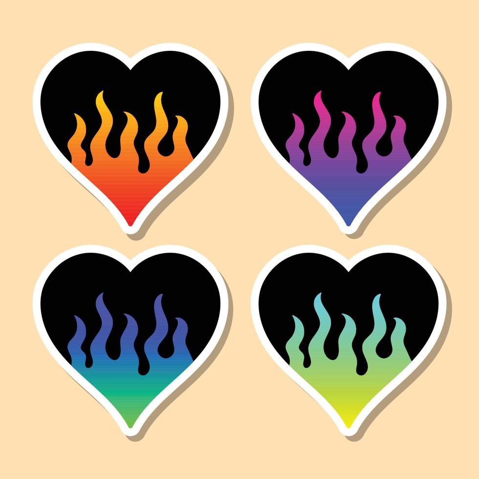 hand drawn colorful heart with fire sticker collection premium vector