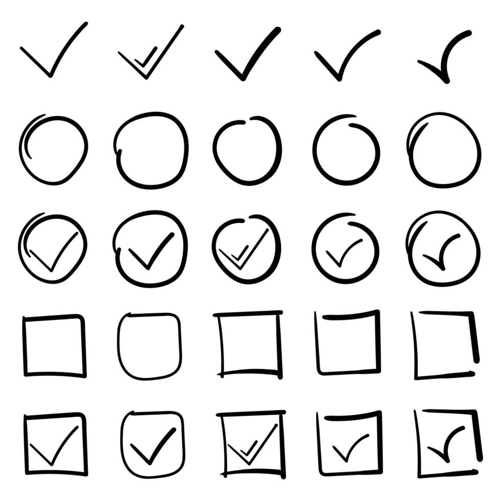 Set of hand drawn highlight black circles and check mark icons premium Vector