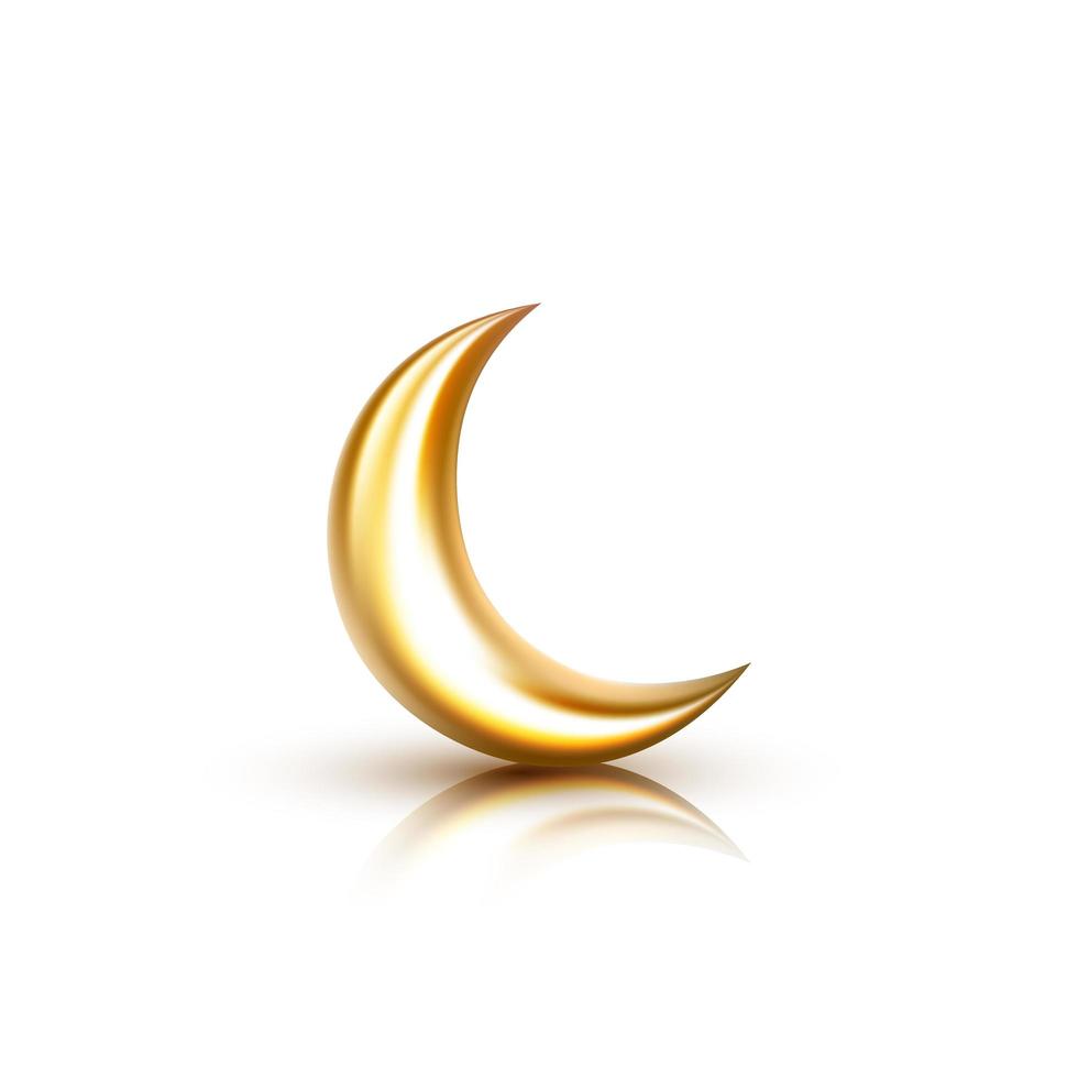 3d golden crescent moon with reflection isolated on white background. Vector illustration