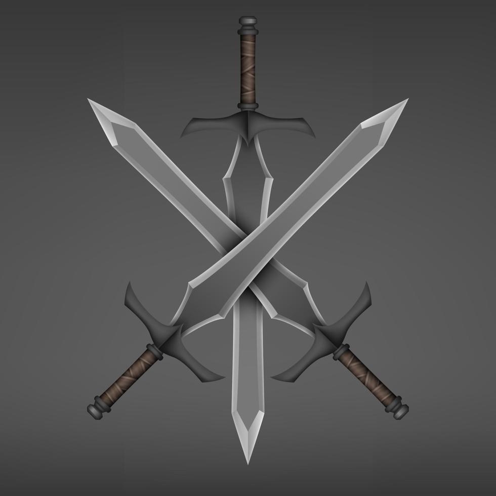 Three Crossed Medieval Sword Isolated on Dark Background. Vector Illustration