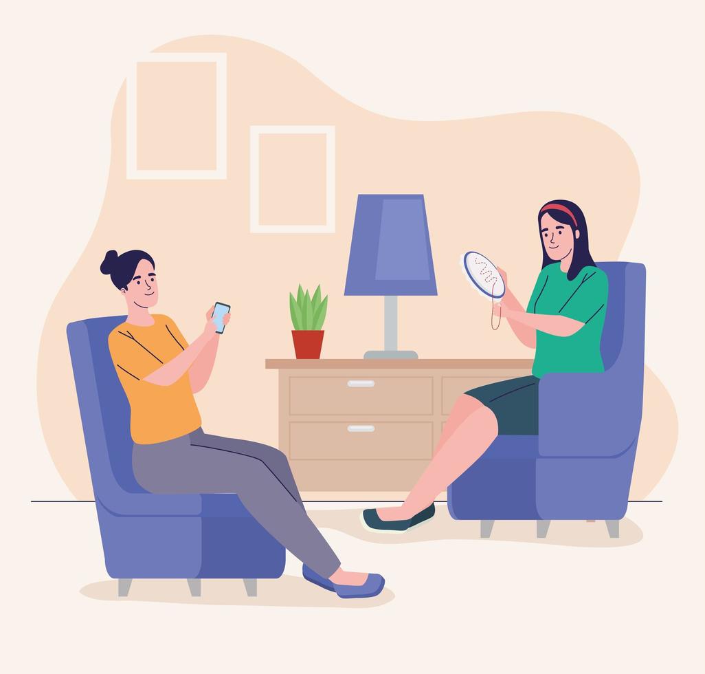 women with smartphone and embroidering vector