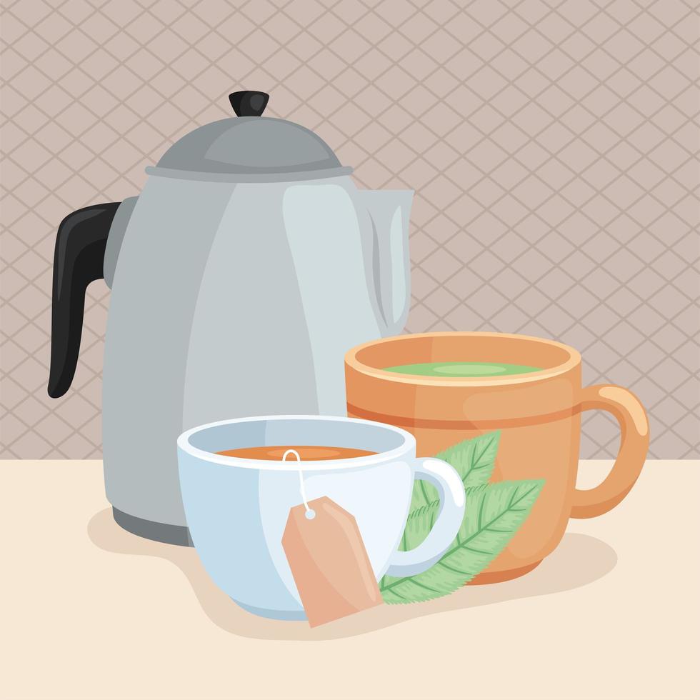 tetera y tazas con té vector
