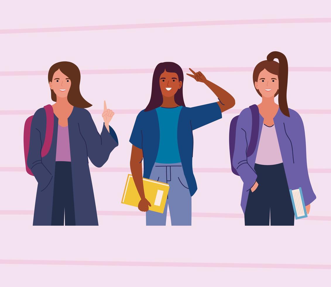 tres personajes de estudiantes femeninas vector