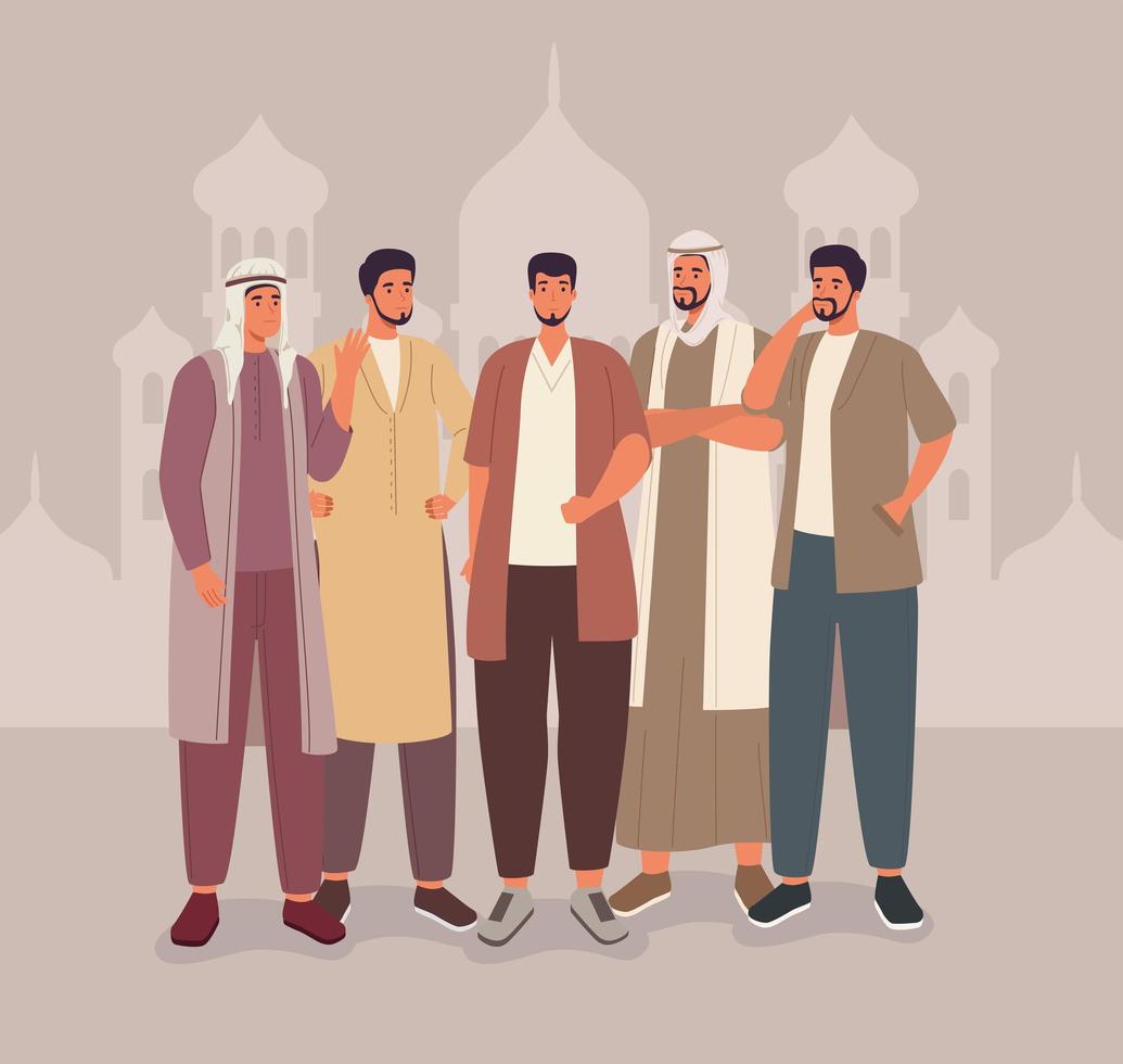 muslim men with mosque vector