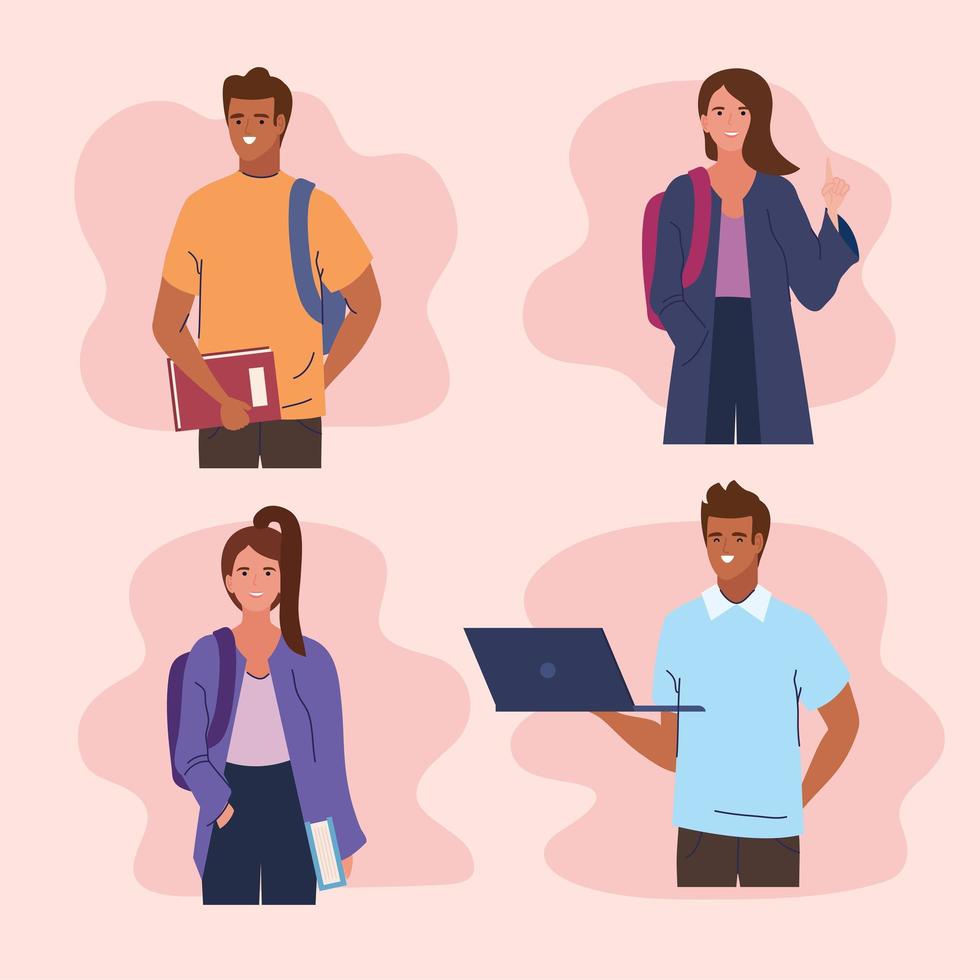 four young students characters vector