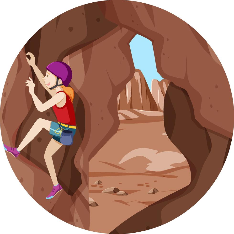 Scene with people climbing rocky moutain on circle artboard vector