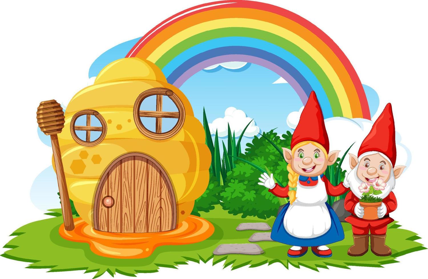 Fantasy bee hive house with rainbow in the sky vector