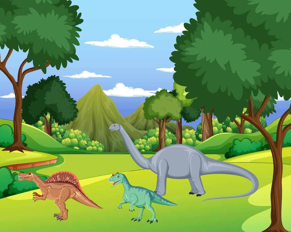 dinosaurio en la escena del bosque prehistórico vector