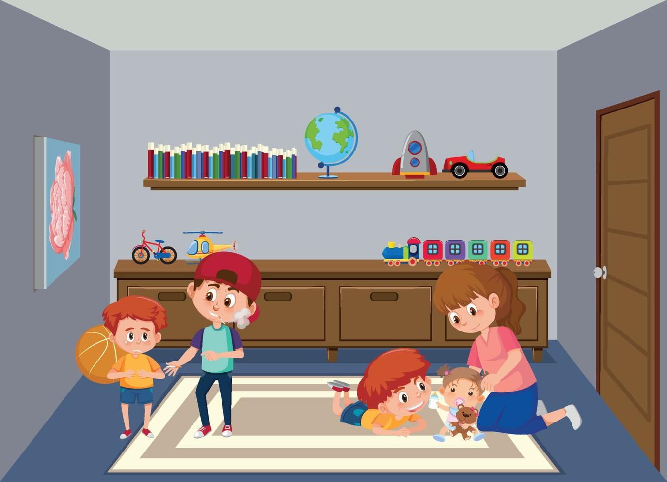 Living room scene with family members vector