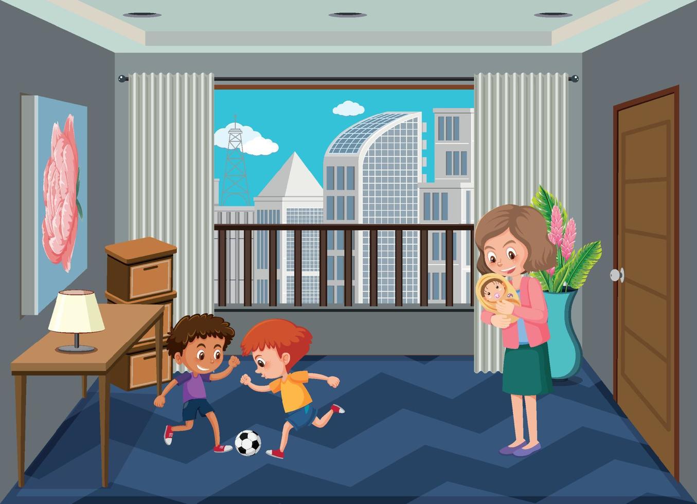 Living room scene with family members in cartoon style vector