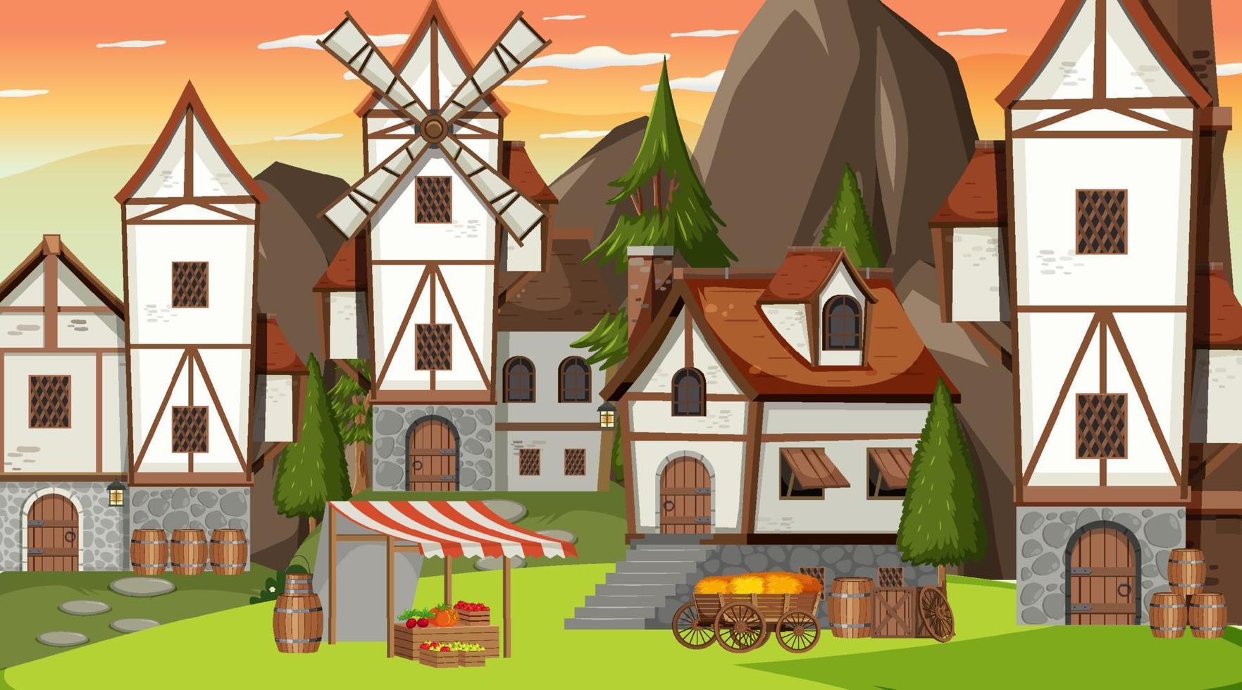 Medieval town scene with villagers vector