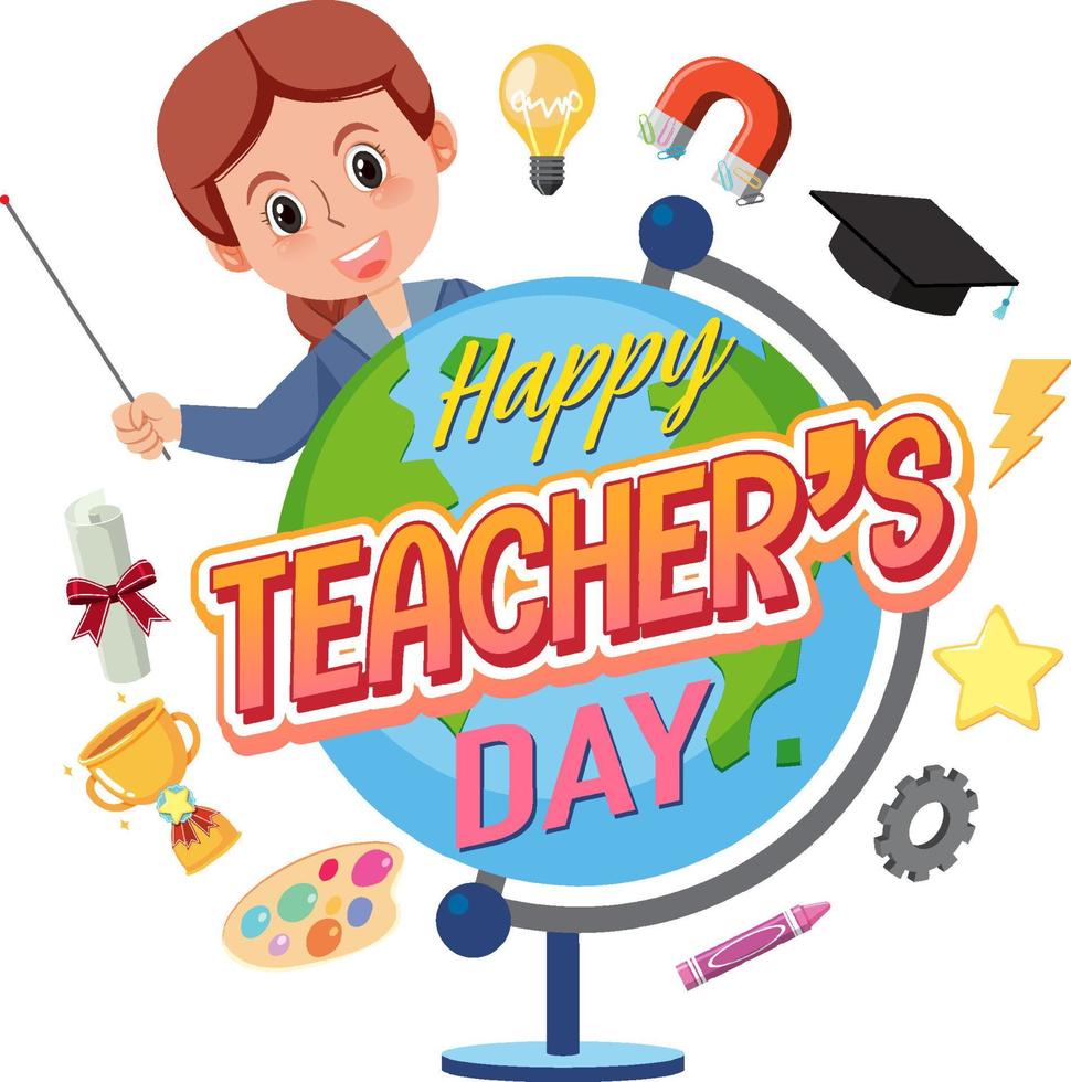 Happy Teacher's Day with a female teacher and school objects vector